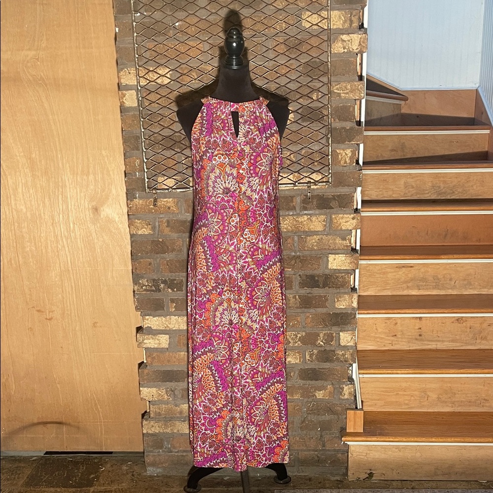 Anne Klein Paisley Floral Pink, Brown and Orange Sleeveless Maxi Dress 10